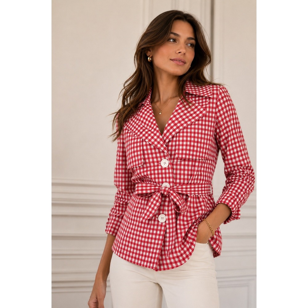 Lafayette 148 Red Gingham Women Trench Jacket Belt SZ 2 Blazer Preppy Statement